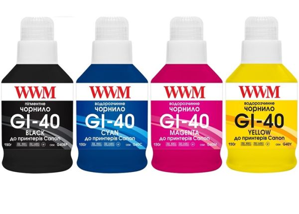 Комплект чорнил WWM GI-40 для Canon G5040/G6040 4х140г BP/C/M/Y Пігментне/Водорозчинне (G40SЕT4)