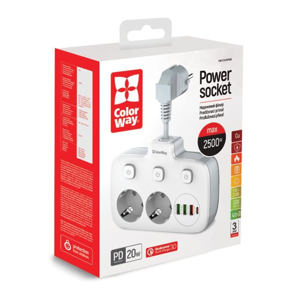 Сетевой фильтр-удлинитель СolorWay 2x220V/3xUSB-A/1xUSB-C white