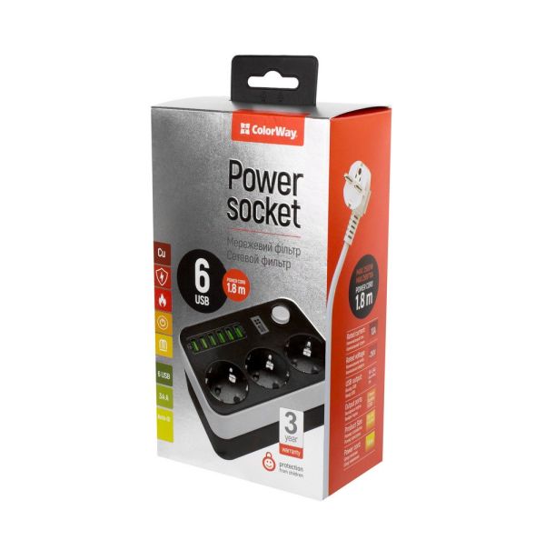 Мережевий фільтр-подовжувач СolorWay 3 розетки/6USB black