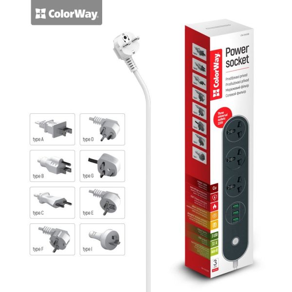 Мережевий фільтр-подовжувач СolorWay 3 розетки/3 USB black