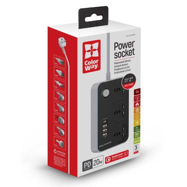 Мережевий фільтр-подовжувач СolorWay 3 розетки/4USB (Type-C PD20W + 3USB QC3.0) black