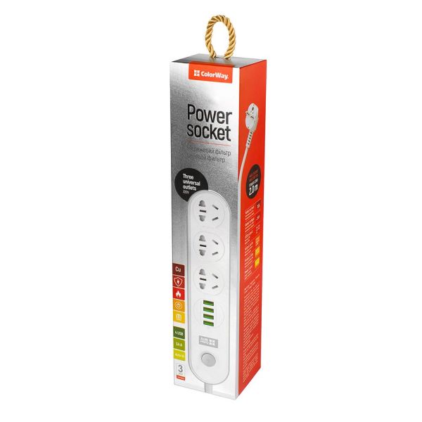 Мережевий фільтр-подовжувач СolorWay 3 розетки/4USB white